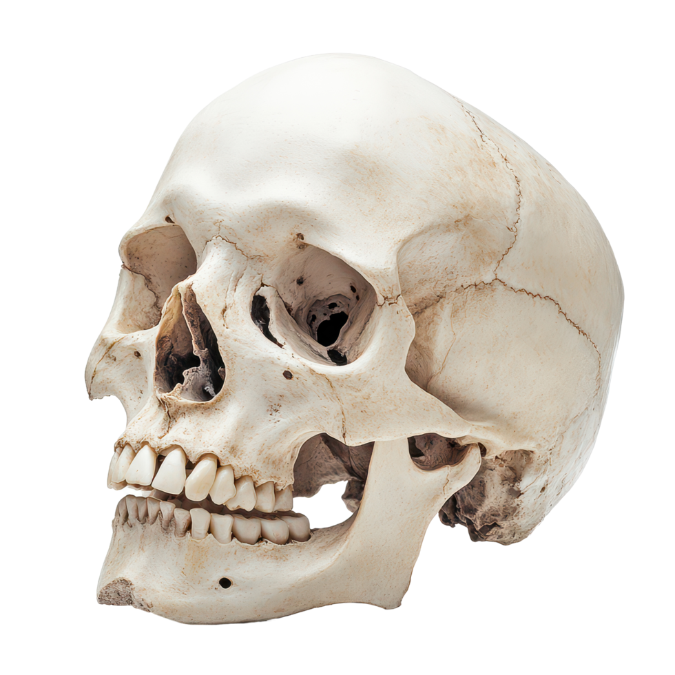 A detailed view of a human skull isolated against a transparent background for educational purposes and anatomical study, A Human Skull Isolated on a transparent background png