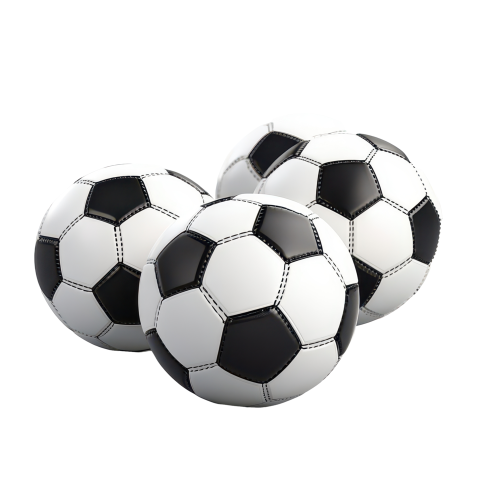 Trio of soccer balls flawlessly arranged on a transparent background showcasing their design and texture, A Trio Soccer Balls in Perfect Formation, transparent background. png