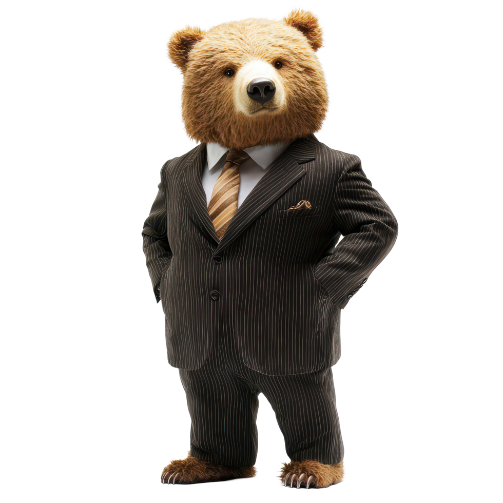 A bear dressed in a dark pinstripe suit and tie strikes a commanding pose, exuding confidence and authority, Authoritative Bear Boss in Business Attire On transparent background png