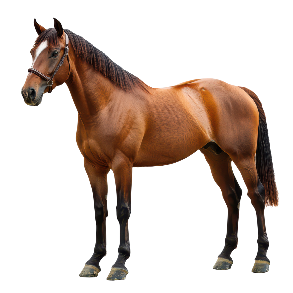 A striking brown horse stands gracefully against a bright transparent background in a serene and captivating pose, Beautiful brown horse on transparent background png