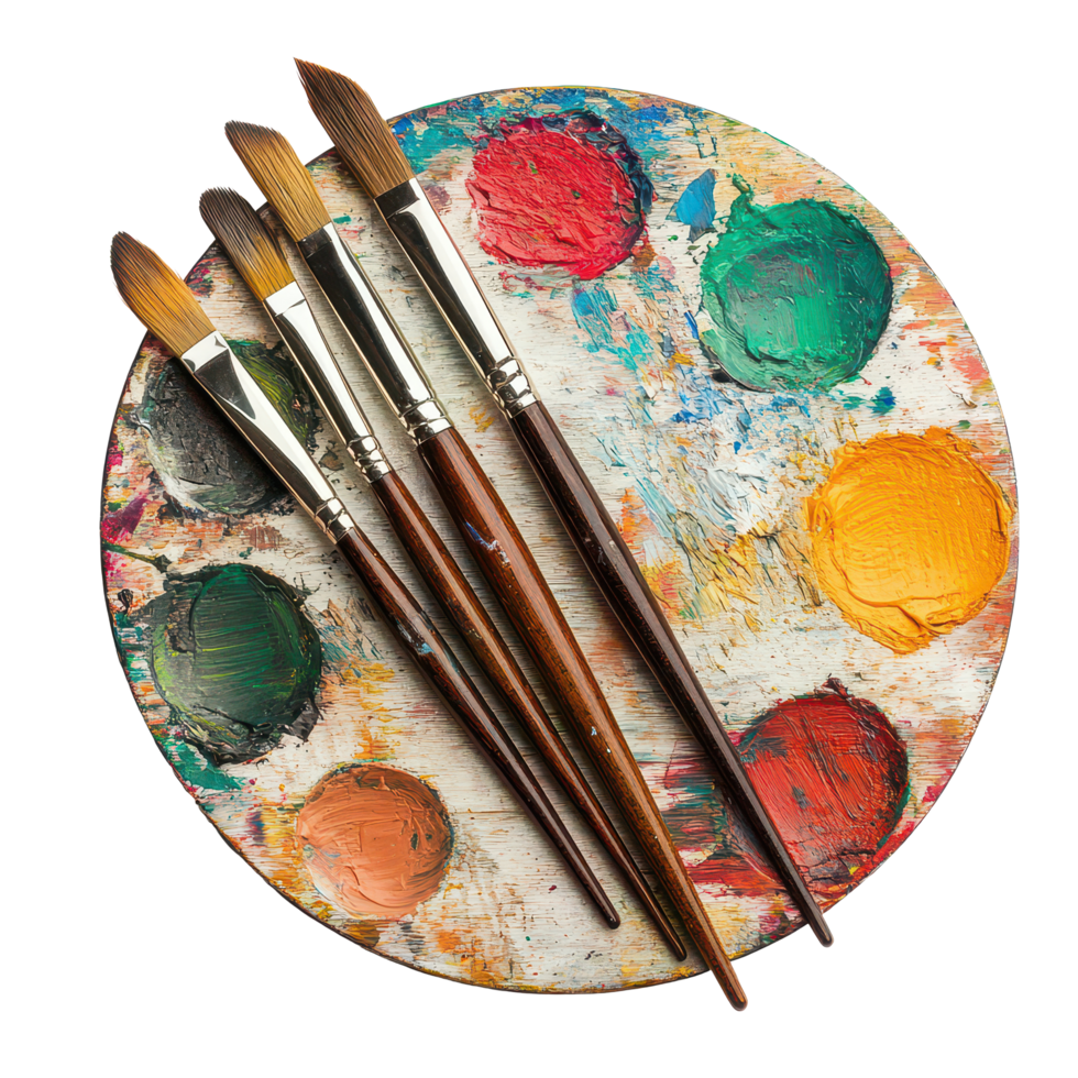 A colorful artist s palette with paintbrushes on a transparent background ready for creative expression, A Palette With Paintbrushes isolated on transparent background png
