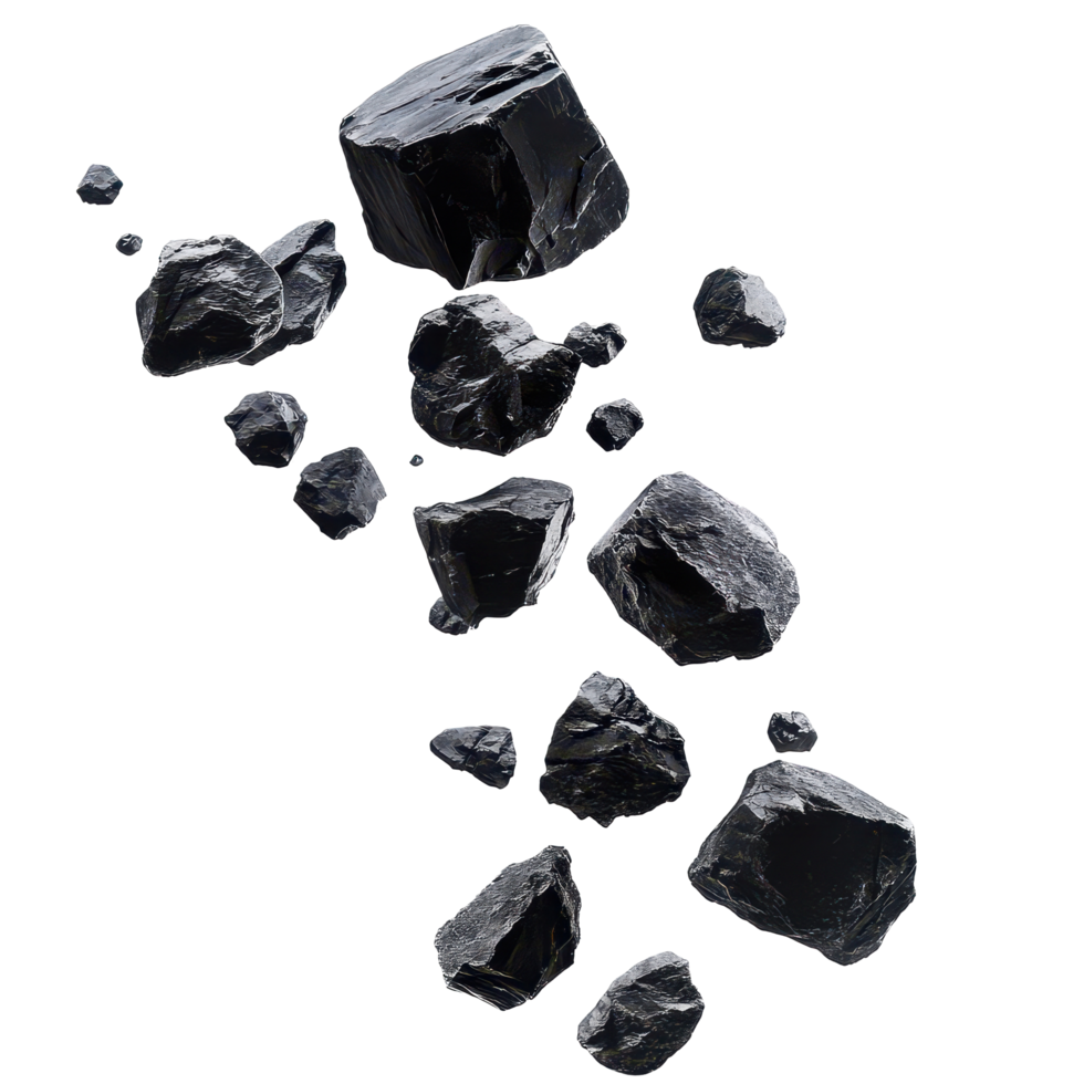 Black rocks levitate and fall against a clean transparent background, creating a dynamic floating display, black rocks falling levitating flying, isolated on transparent background png