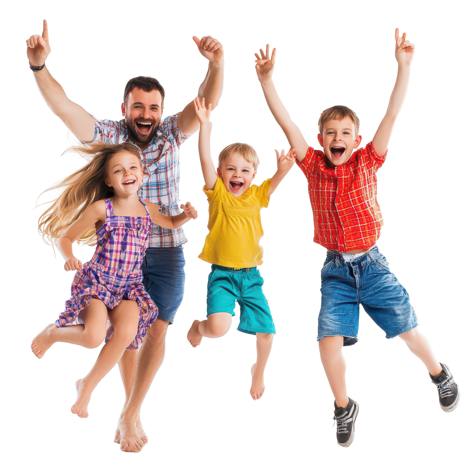 Joyful family jumping together in a bright studio setting, celebrating happiness with children, Beauty fun family with happiness children s, transparent background. png