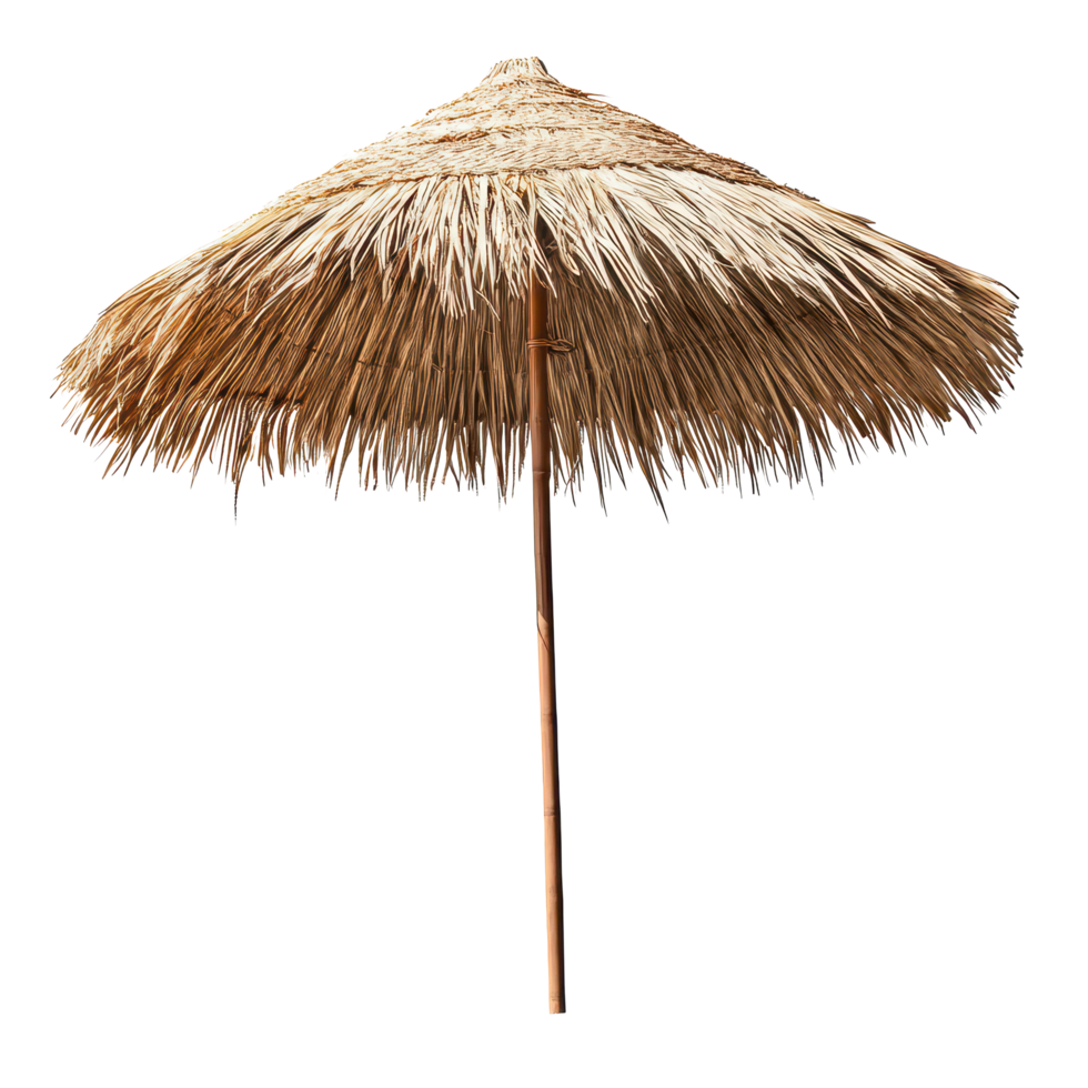 Straw beach umbrella standing alone on a transparent background, perfect for summer relaxation and shade, Beach straw umbrella isolated on transparent background png