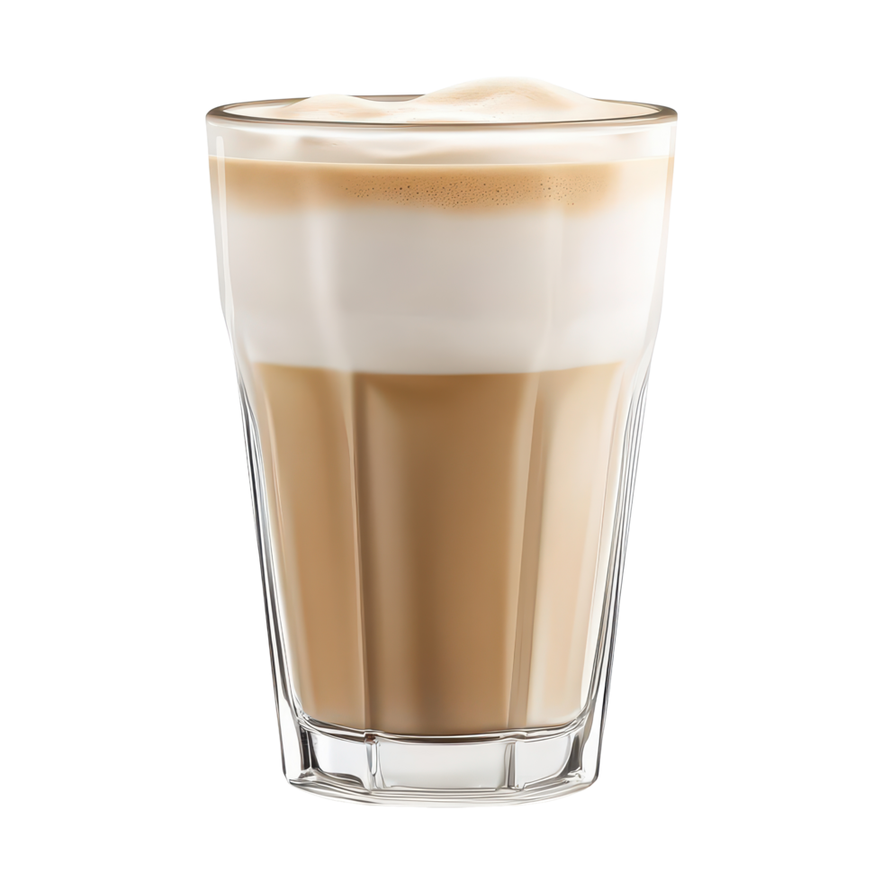 Delicious glass of coffee with milk and foam on top, perfect for enjoying in a cozy coffee setting, A glass coffee with milk and foam on top, isolated on transparent background png
