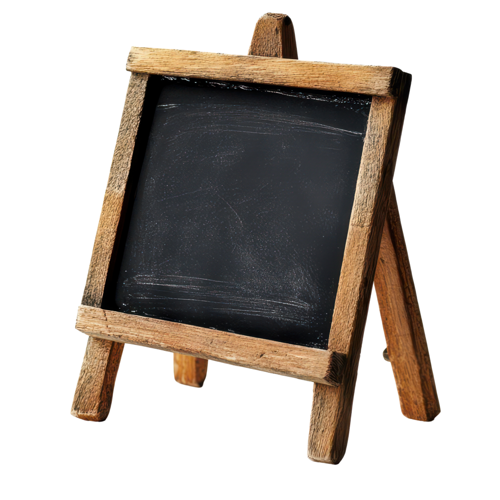 A small black board on a wooden easel isolated on a transparent background for creative displays and notes, Black Board Isolated on transparent background png