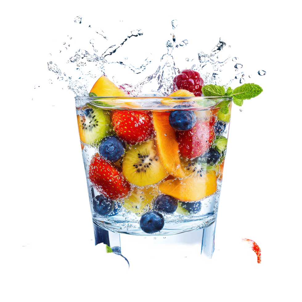 Refreshing fruit splash in a glass filled with vibrant berries and citrus, captured in bright sunlight, A glass juicy with fruits and splash clean water onisolated on transparent background png