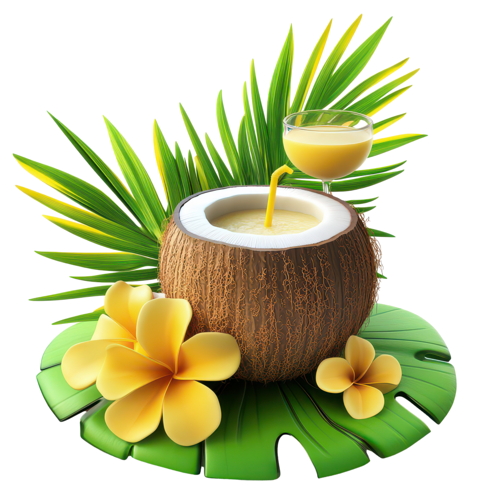 Tropical coconut drink and flowers on a lush green background with bright sunshine, 3D Cartoon Tropical Relaxation Scene with Coconut Drink On transparent background png