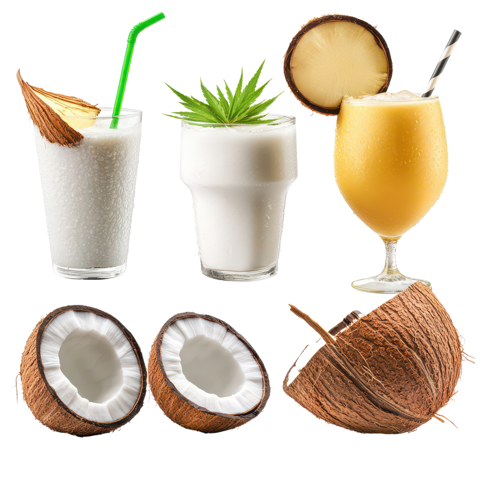 Assorted coconut drinks with fresh coconut halves and green straw on a minimalist transparent background, Assorted Coconut Drinks on transparent background png