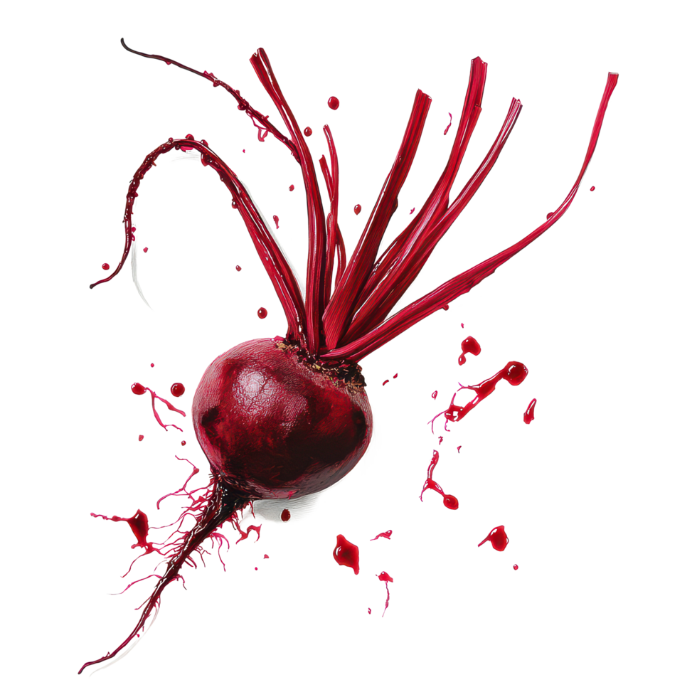 Fresh beetroot isolated on transparent background showcasing vibrant color and unique root structure with splashes of juice, Beetrootisolated on transparent background png