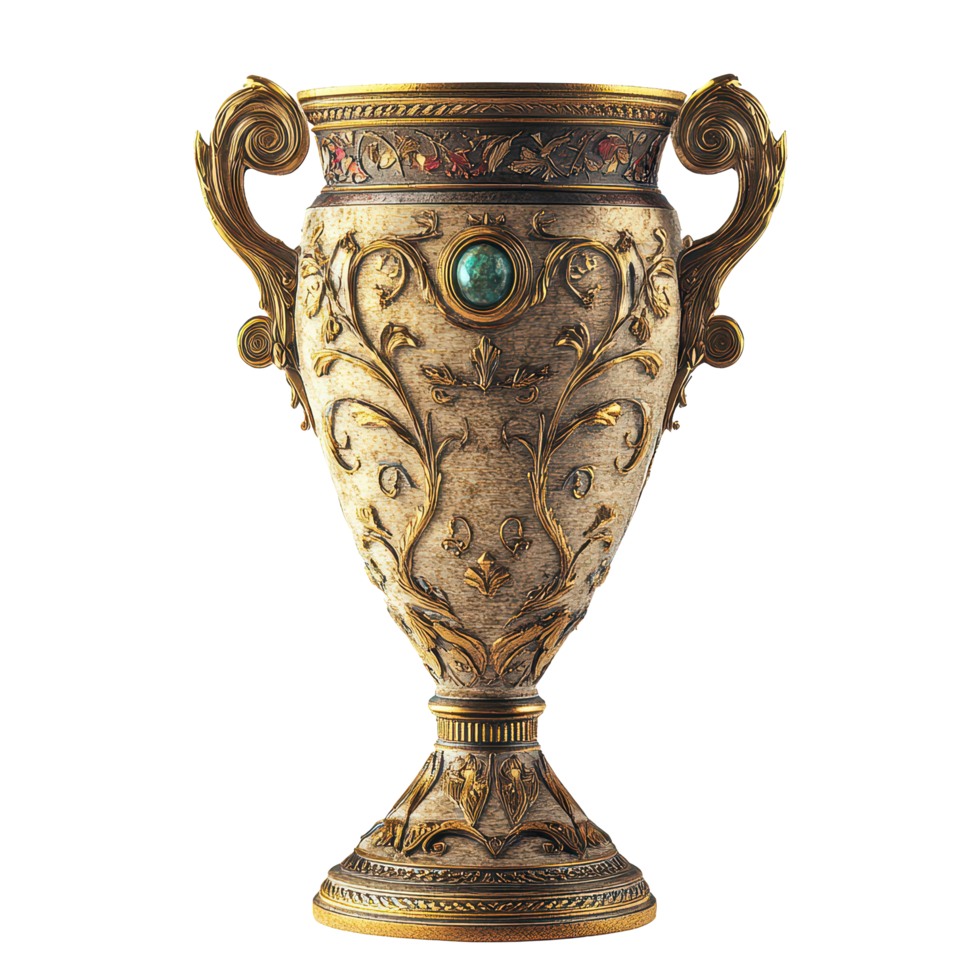 Ancient trophy with ornate design featuring intricate gold detailing and gemstone accents, Ancient Looking Trophy with Ornate Design and Gold Color, transparent background. png