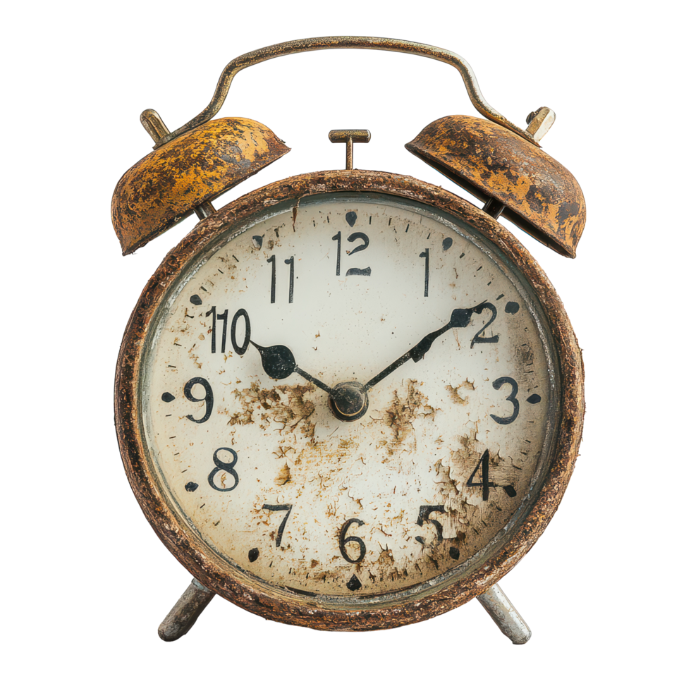 An old and dirty alarm clock resting on a transparent background, showcasing its weathered condition and rustic charm, an old and dirty alarm clock, transparent background. png