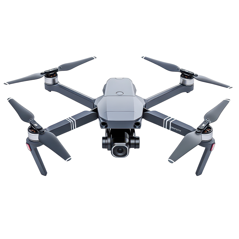 Aerial drone with four propellers ready for flight against a clean transparent background showcasing its sleek design, black and gray drone with propellers on a transparent background png