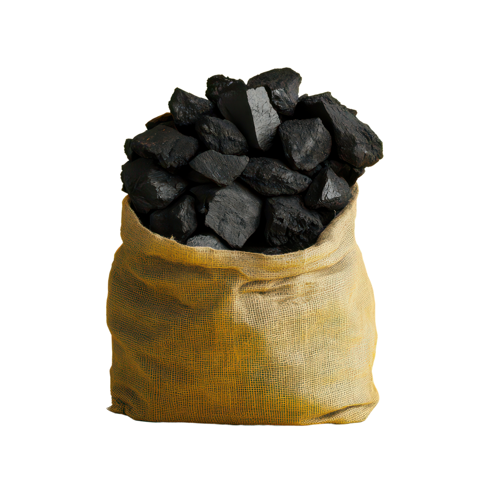 A sack of coal sits on a vibrant yellow table against a clean transparent background, Bag Coal on Yellow Table. transparent background Background, transparent background. png
