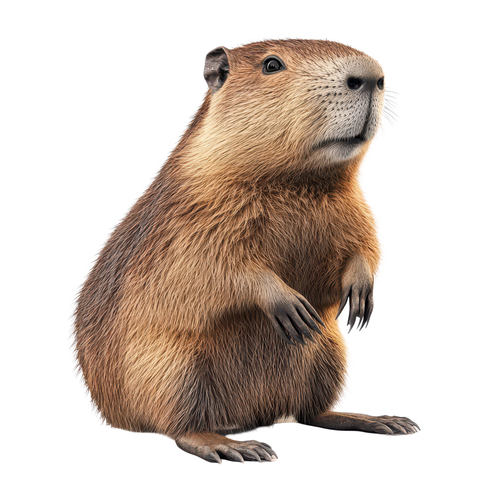 A curious capybara stands upright against a transparent background, showcasing its charming features and adorable demeanor, beaver, marmot, Capybara, transparent background. png