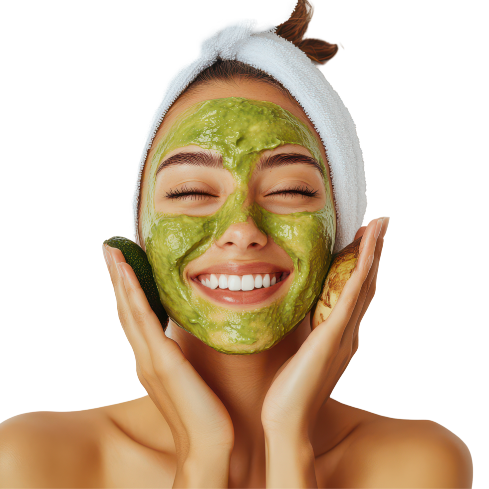 Happy woman applying avocado face mask in a serene studio for glowing skin wellness, Beauty Skincare and Happy Woman in Studio with Avocado Face Mask on transparent background png