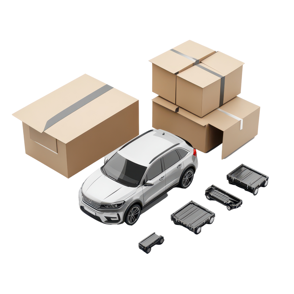 A silver automobile beside cargo boxes on a transparent background, highlighting transportation and logistics setup, 3D style automobile car and cargo boxes transparent background png