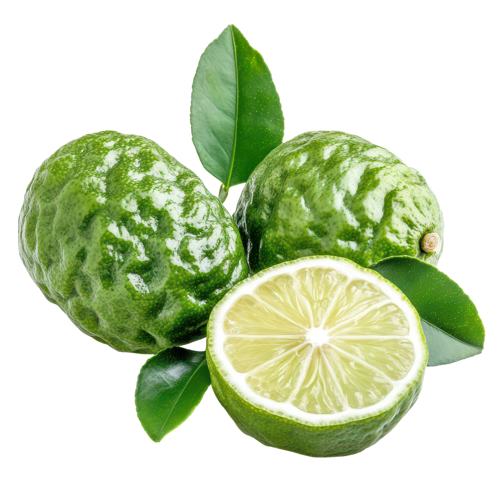 Fresh bergamot limes with green leaves on a transparent background showcasing their vibrant and textured skin, Bergamot or Thai lime isolated on transparent background png