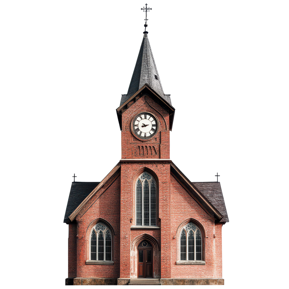 A historic church with a prominent clock tower and gothic architecture against a bright transparent background, A church with a large clock tower, transparent background. png