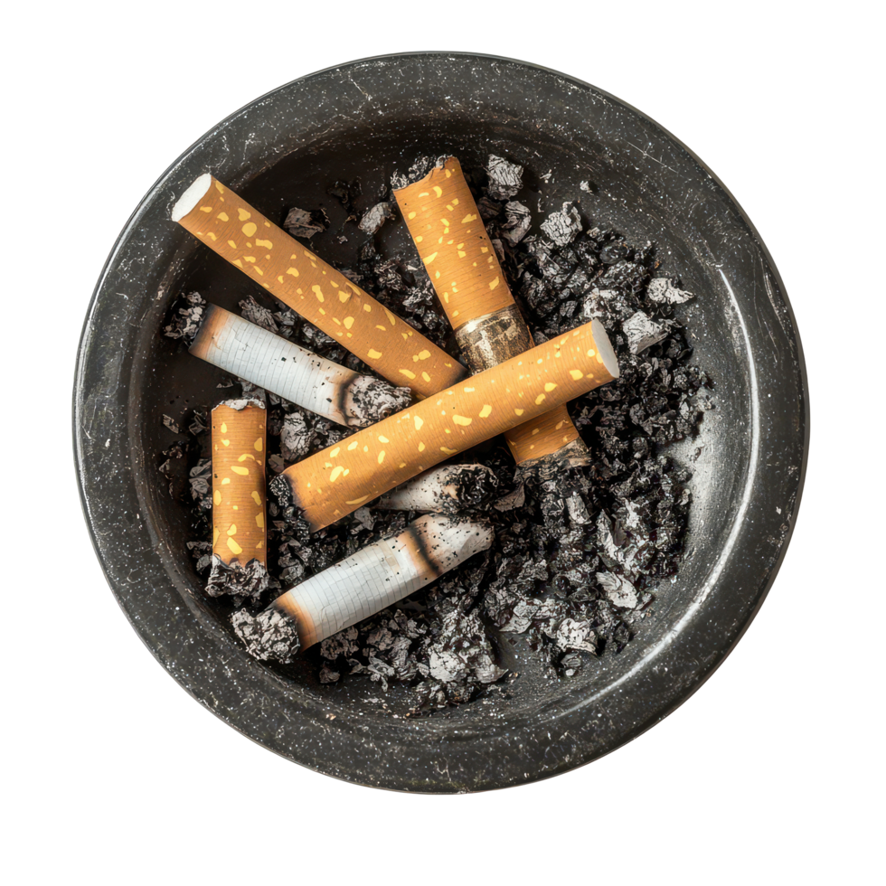 Used cigarettes and ash collected in an ashtray on a clean transparent background, ashtray with used cigarettes on isolated transparent background png