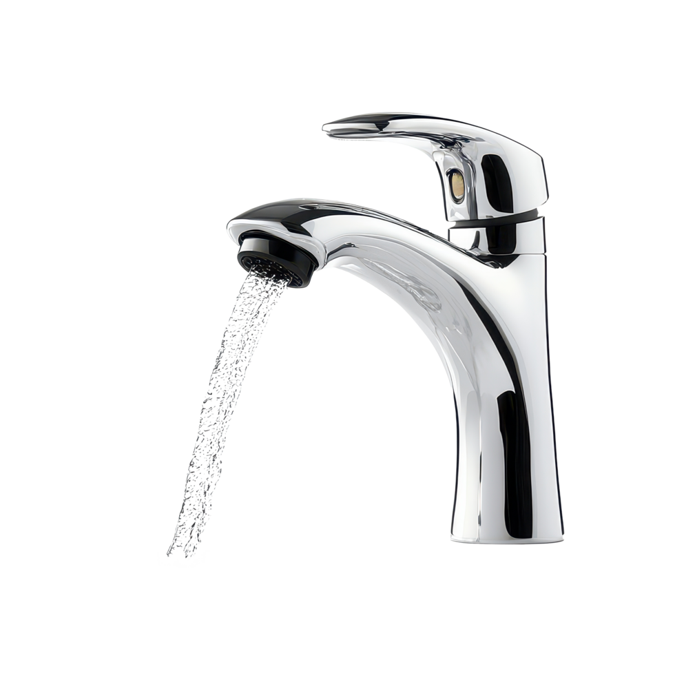 A modern faucet with clear water flowing, illuminated against a bright backdrop in a contemporary setting, a running faucet with water flowing out, transparent background. png