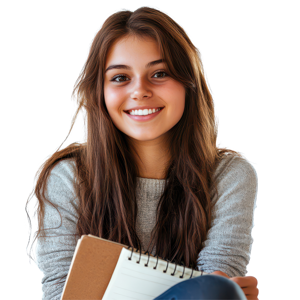 Bright and cheerful student with a beautiful smile holds a notebook, showcasing creativity and enthusiasm in her studies, Beautiful smile girl student with a notebook, transparent background. png