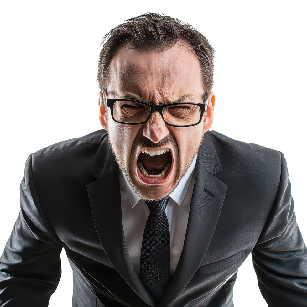 Frustrated businessman yelling passionately against a stark transparent background in an office setting, Angry Businessman Shouting on transparent background png