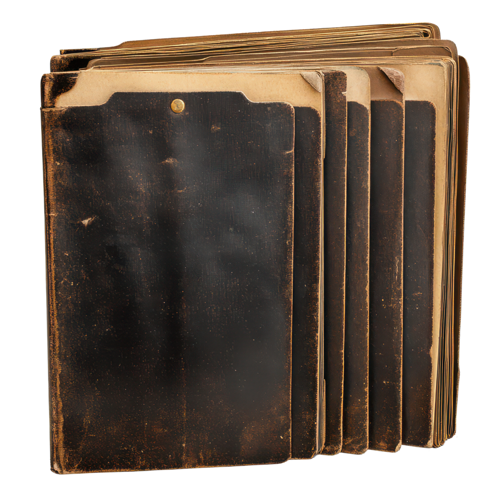 Vintage file folders stacked on a transparent background showcasing their worn edges and classic design elements, A vintage file folders, transparent background. png