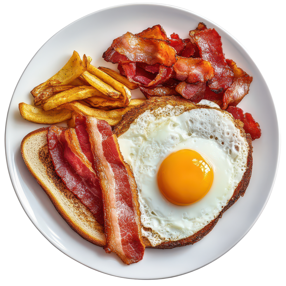 Enjoy a hearty breakfast featuring eggs, bacon, and crispy potatoes on a plate for a satisfying start to your day, Big Breakfast, with egg and bacon, transparent background. png