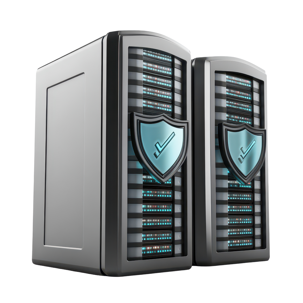 Cartoon illustration of secure data servers protected with shields on a transparent background, 3D Cartoon Secure Data Servers with Shields on transparent background png