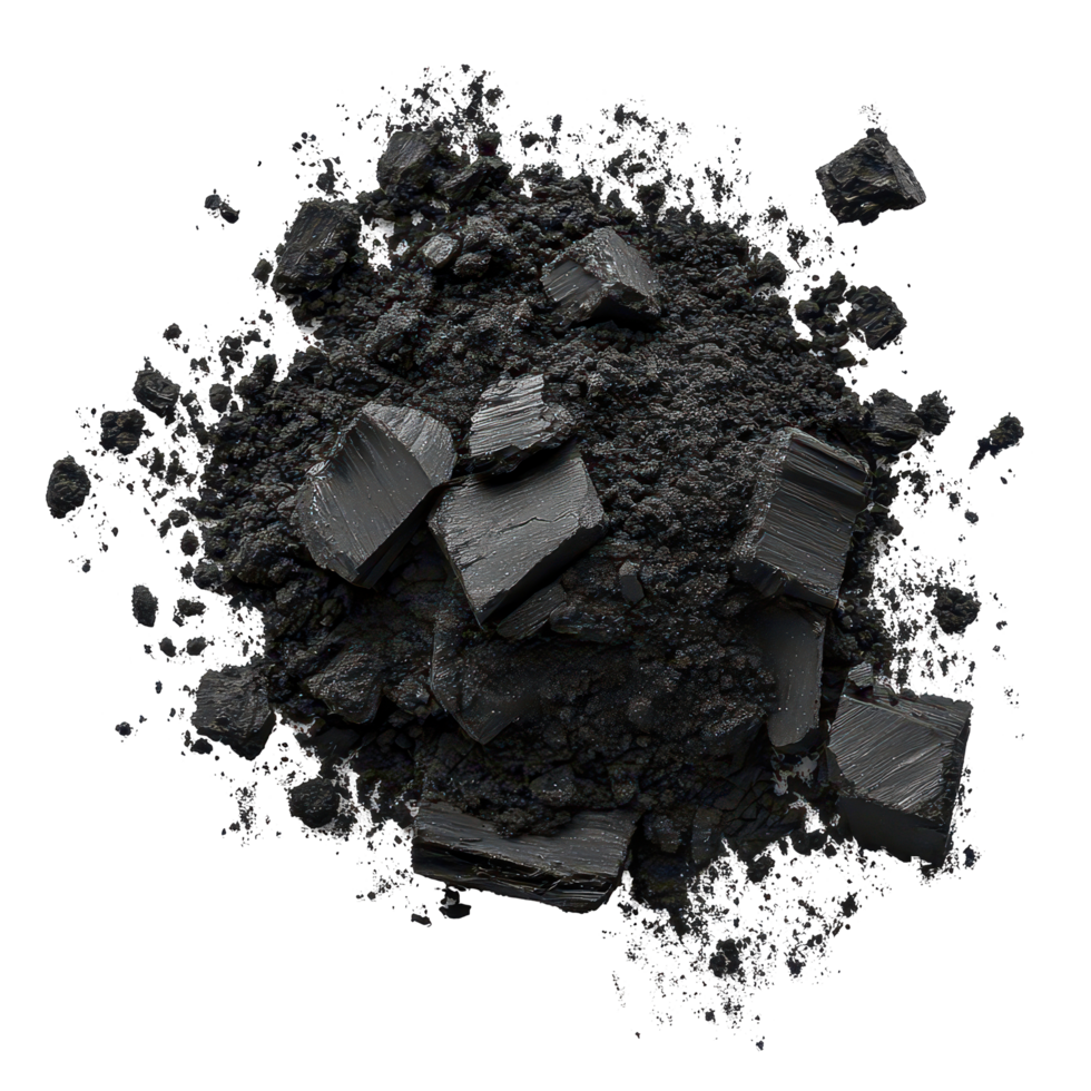 Activated charcoal powder and shards isolated on a clean transparent background for various uses and applications, Activated charcoal powder isolated on transparent background png