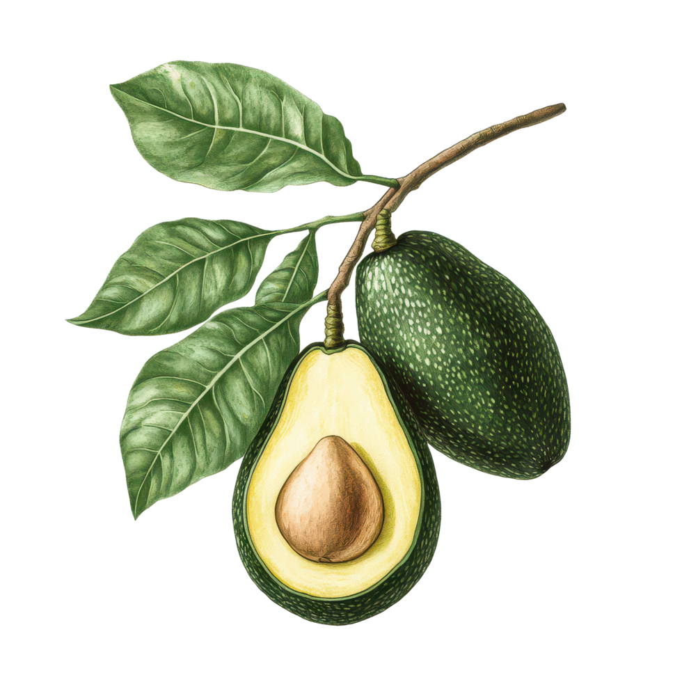 Realistic botanical illustration of avocado on a transparent background showcasing its texture and details, Avocado Botanical realistic on transparent background png