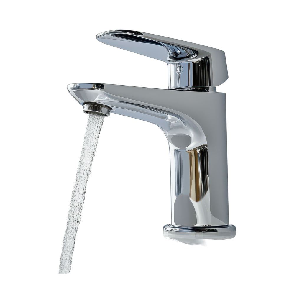 Water flowing from a modern faucet in a clean setting with minimalistic design and bright lighting, a running faucet with water flowing out, transparent background. png