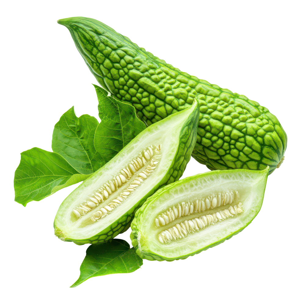 Fresh bitter melon and leaf isolated on a transparent background highlighting its unique texture and shape, Bitter Melon with leaf isolated on transparent background png