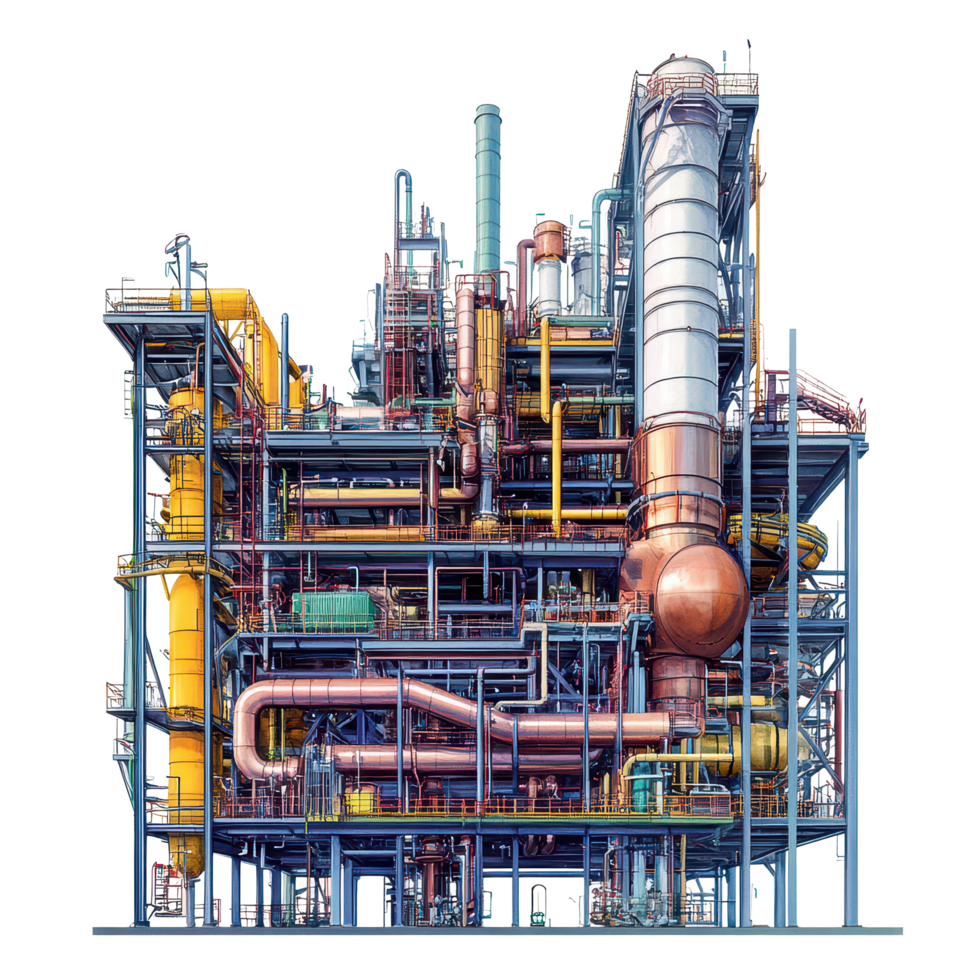 A detailed view of a large industrial factory filled with complex pipes and tubes in a modern manufacturing facility, a huge factory with many pipes and tubes in it, transparent background. png