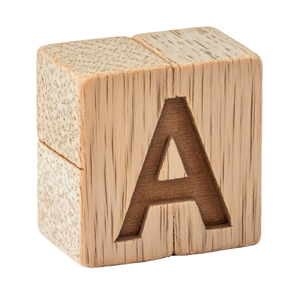 Wooden ABC block displaying the letter A on a clean transparent background for educational purposes, ABC Block with Letter A Isolated, transparent background. png