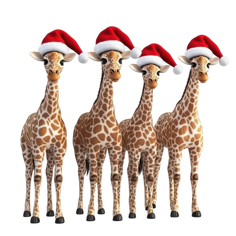 Giraffes wearing Santa hats standing together on a bright transparent background during the festive holiday season, 3D Giraffes in Santa Hats on transparent background png