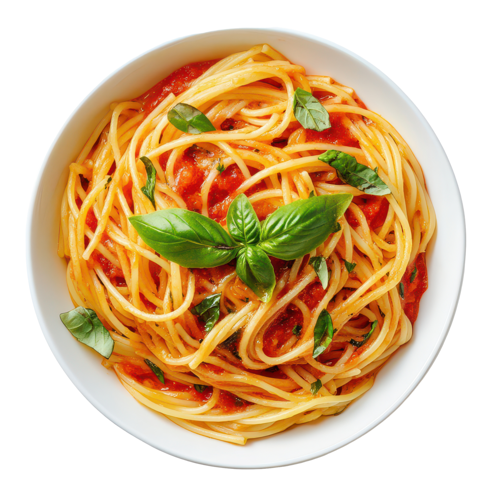 A tempting bowl of spaghetti with rich tomato sauce and fresh basil served in a dish, a delicious bowl pasta with rich tomato sauce, transparent background. png