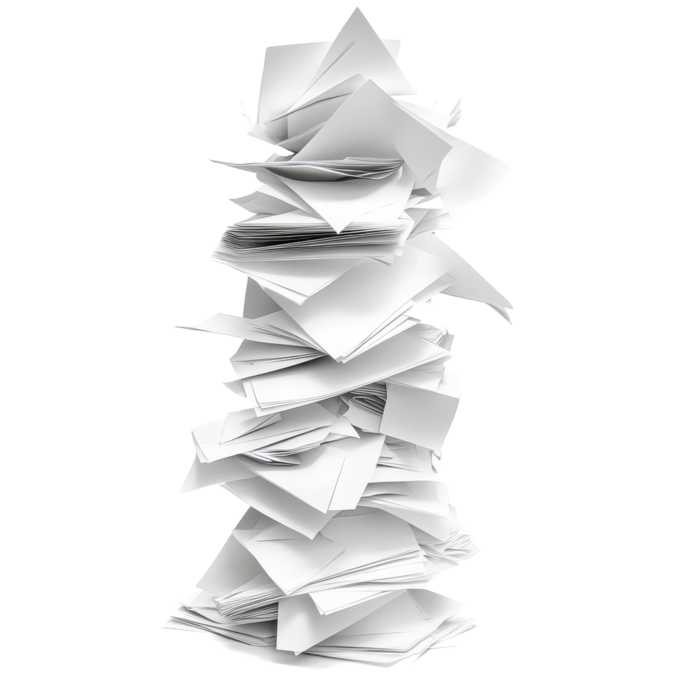 A tower of paper representing organized chaos in a creative workspace filled with inspiration and productivity, A Tower Paper A Visual Metaphor for Organized Chaos, transparent background. png