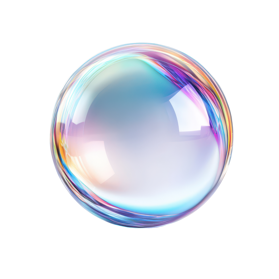 Crystal glass bubble showcasing vibrant refraction and holographic effects in simple transparent background, 3d crystal glass bubble with refraction and holographic effect isolated png