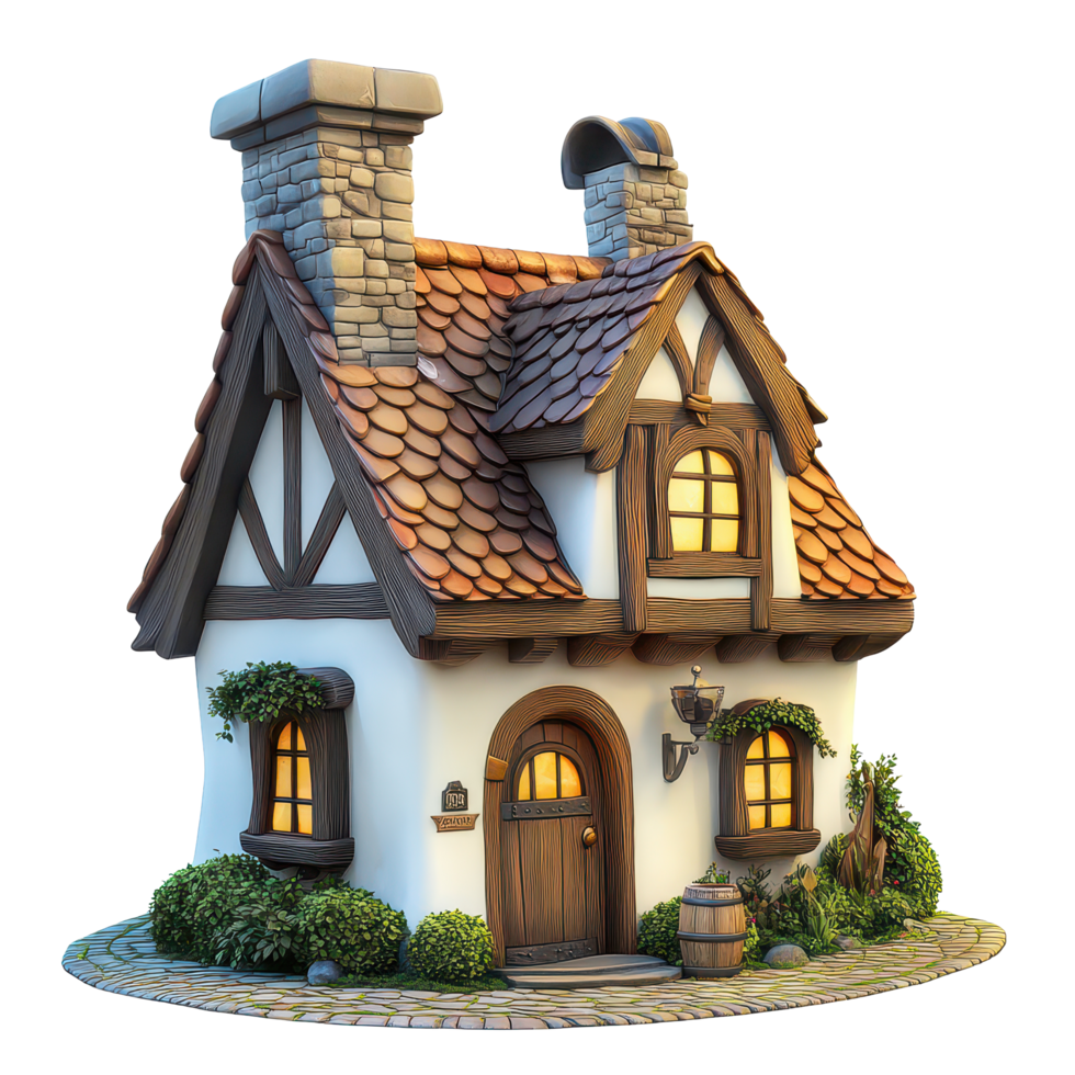 Charming cartoon house with a cozy design surrounded by greenery on a pristine transparent background, 3D cartoon house, residence house transparent background png