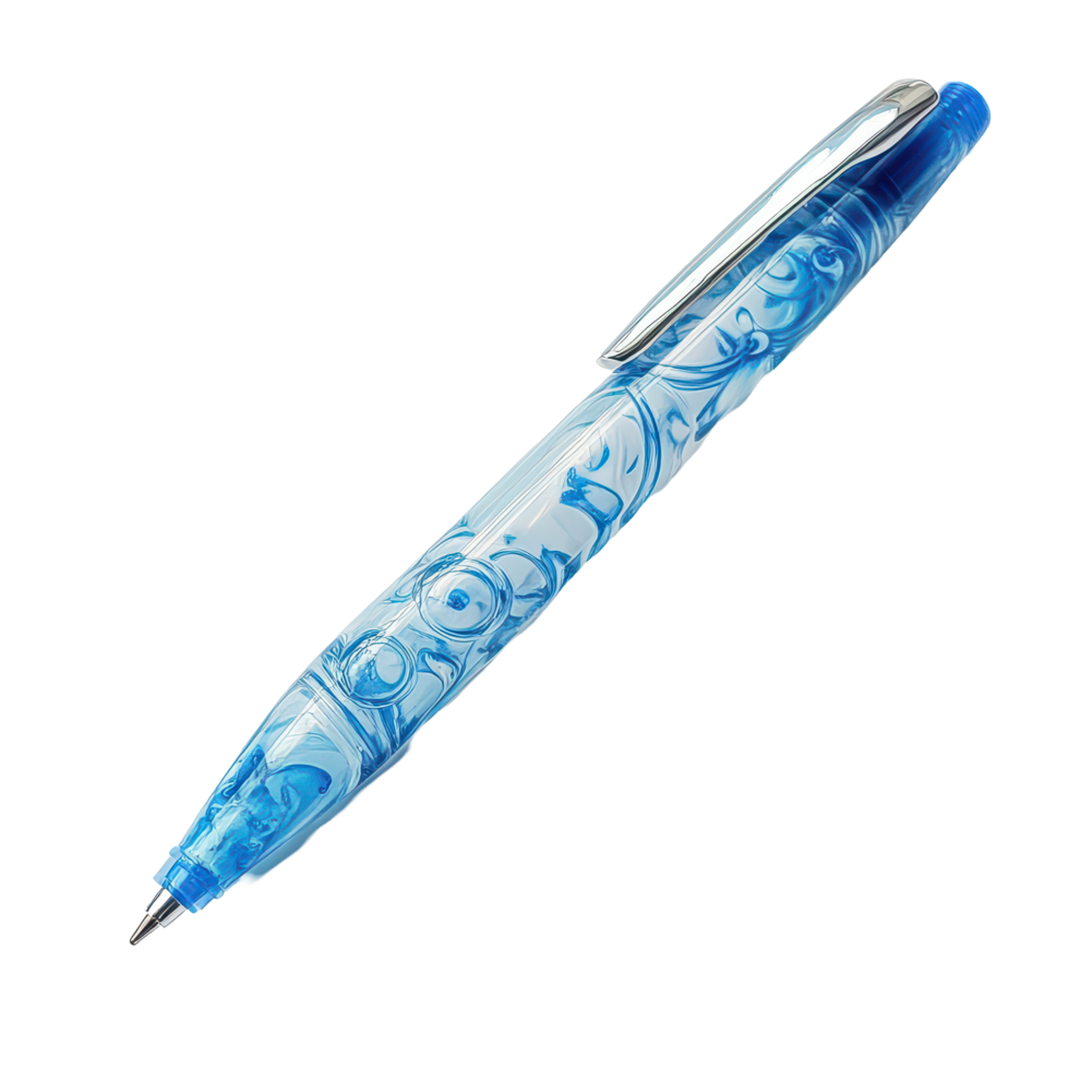 A blue ballpoint pen with intricate patterns and a shiny clip rests on a surface, Ballpoint Pen png