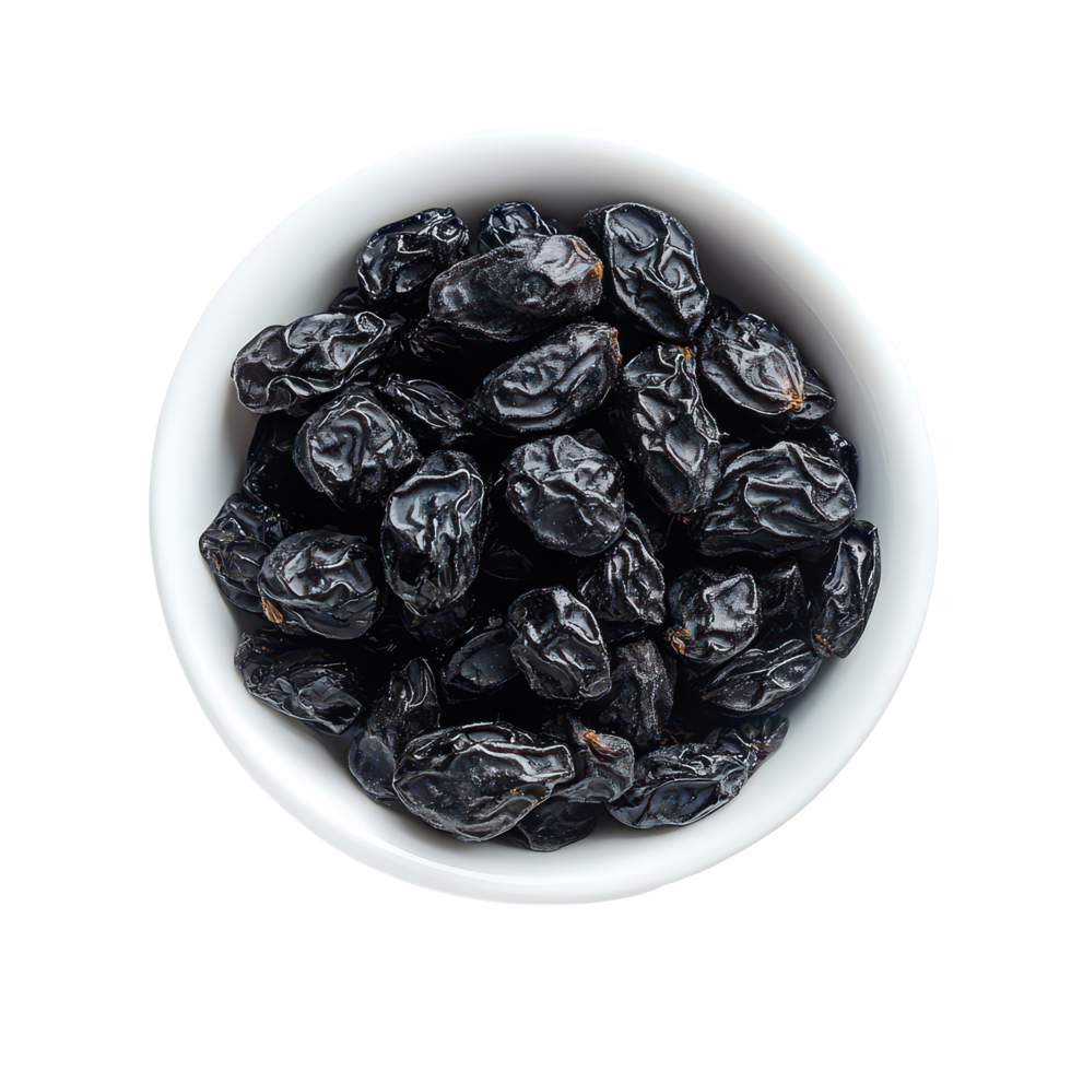 Black raisins in a bowl isolated on a clean transparent background perfect for culinary presentations or healthy snacks, Black raisin on bowlisolated on transparent background png