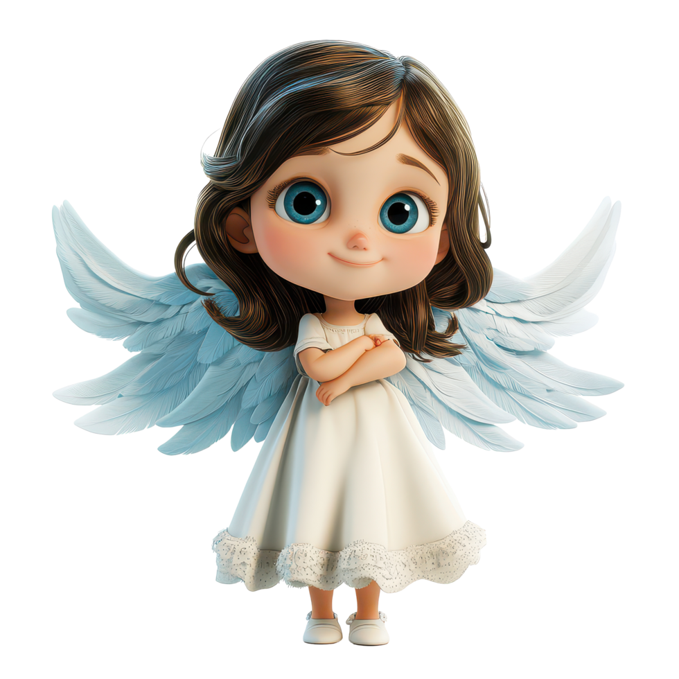 Cartoon angel character with wings standing on a bright background, showcasing innocence and charm, 3D Cartoon Angel Characters on transparent background png