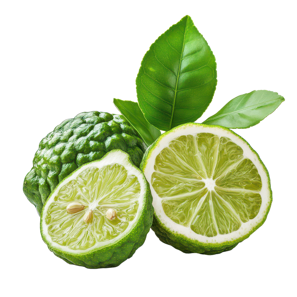 Fresh bergamot fruit with seeds and green leaves isolated on transparent background, showcasing natural textures and colors, bergamot or Thai lime with seeds isolated on transparent background png