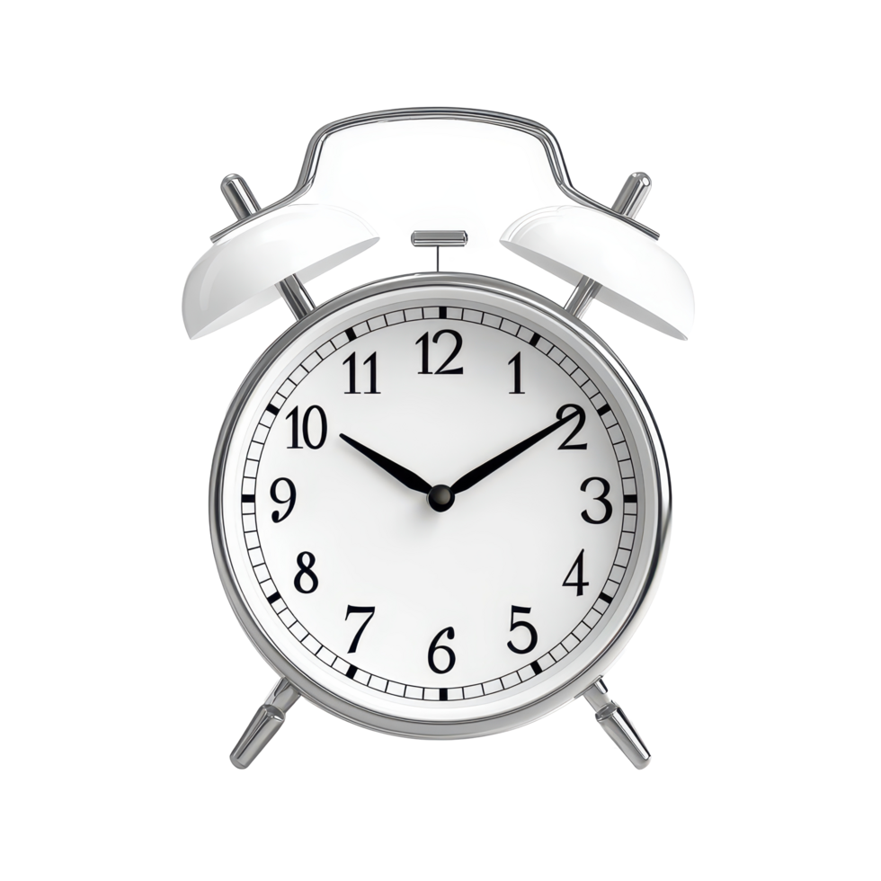 Silver alarm clock on a transparent background indicating morning time with clear black hour and minute hands, Alarm clock isolated transparent background png