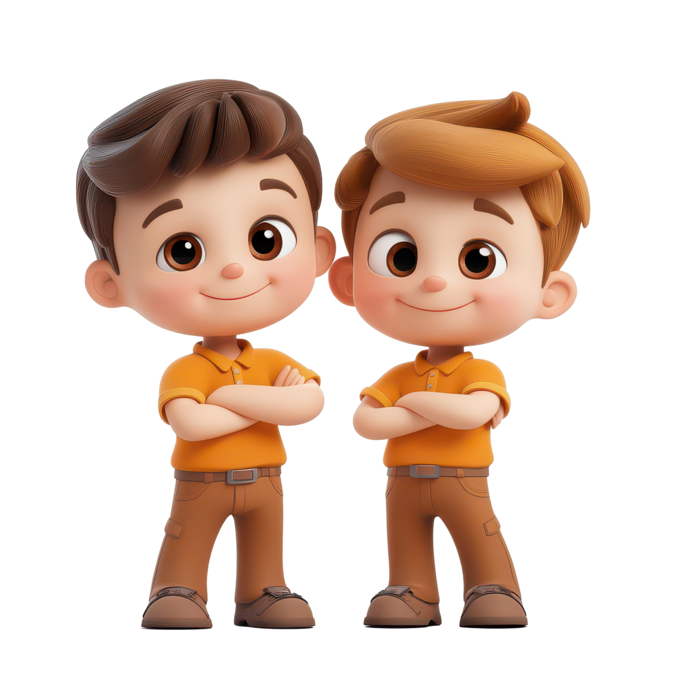 Two cheerful cartoon boys posing confidently on a transparent background with friendly smiles, showcasing their playful spirit, 3D cartoon boys on transparent background png