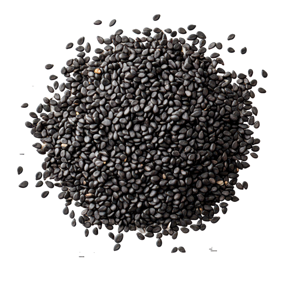 Organic black sesame seeds isolated on a clean transparent background for culinary use and nutritional benefits, Black organic sesame seeds isolated on transparent background png