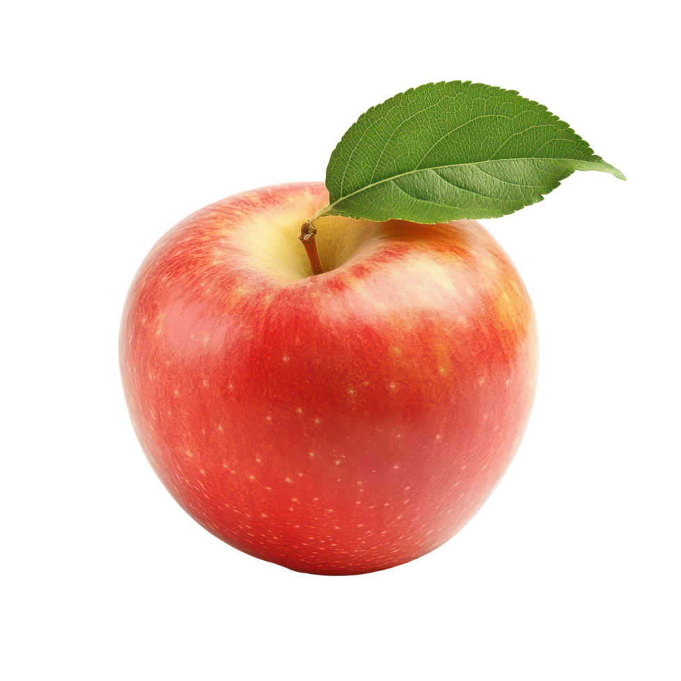 Fresh red apple with green leaf isolated on a pure transparent background for versatile culinary uses or decoration, apple with leaf isolated on transparent background png