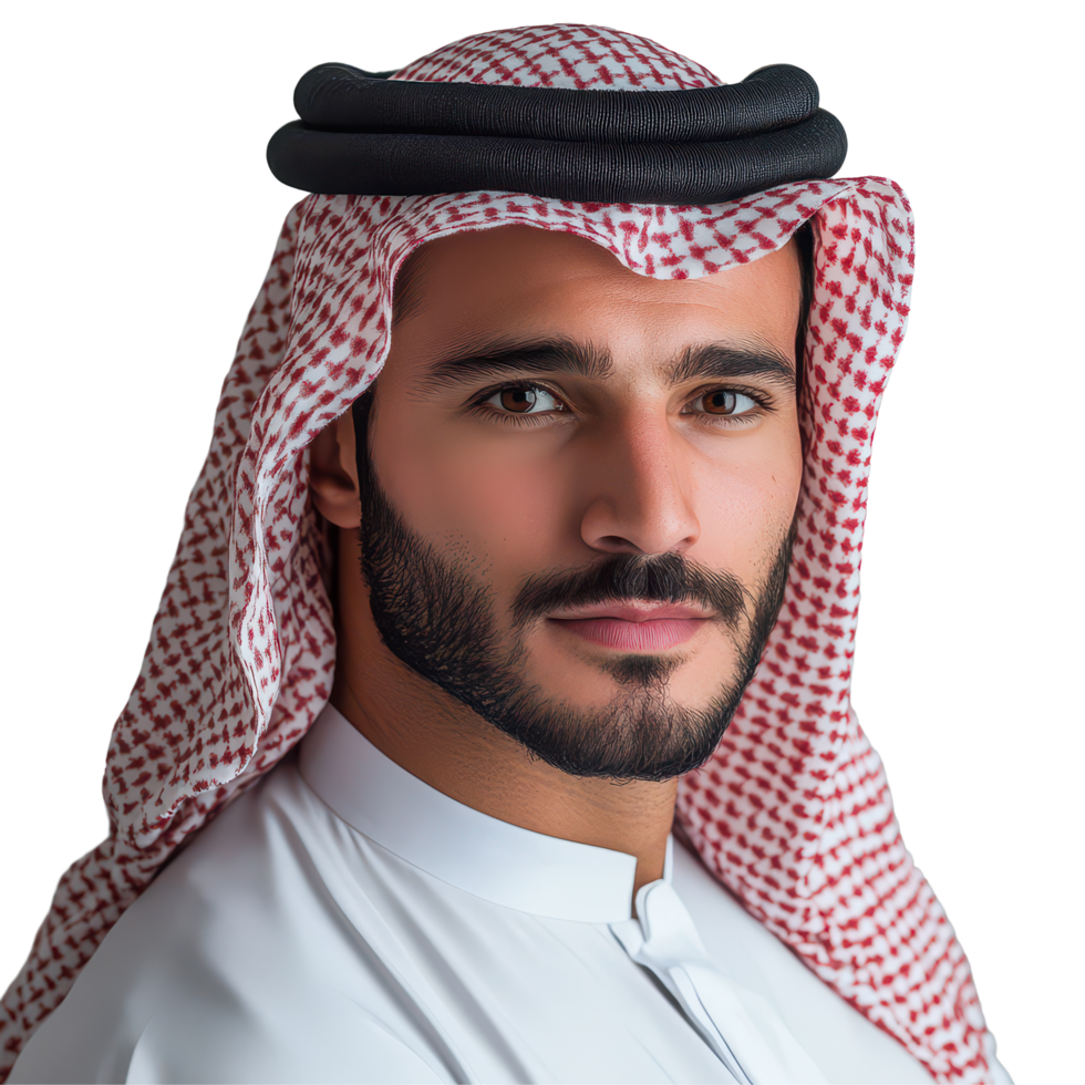Portrait of an Arab man in traditional keffiyeh against a plain transparent background showcasing cultural heritage, Arab Man with Traditional Keffieh on transparent background png